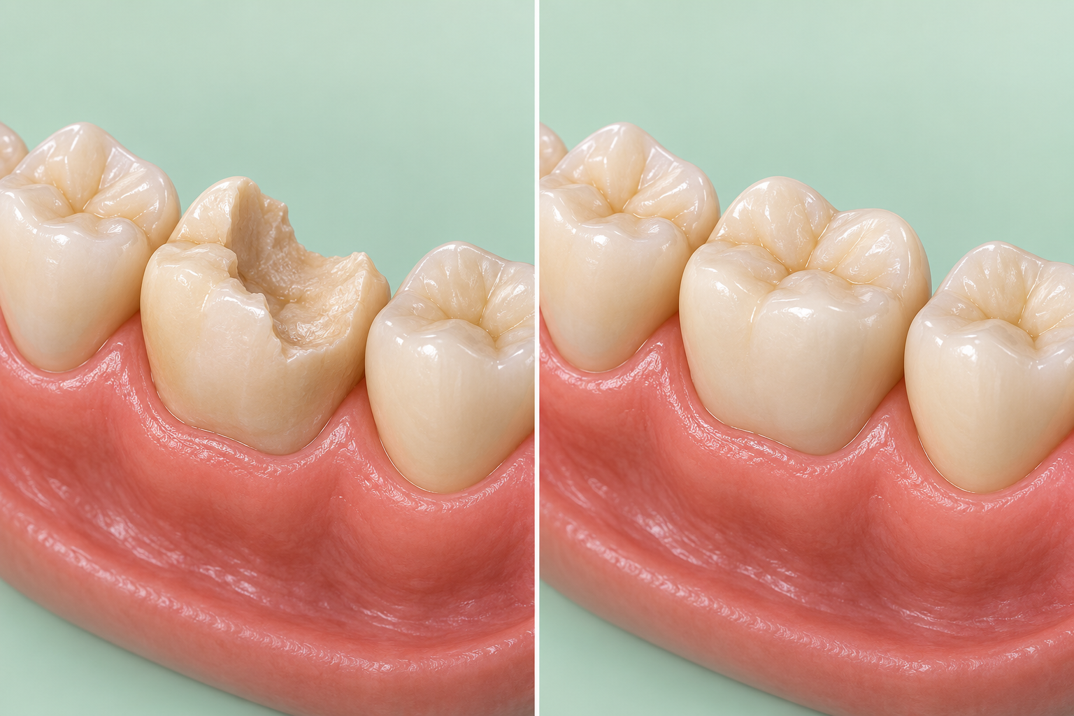 Crowns & restoration — Damaged tooth → covered by a crown